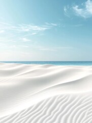 A minimalist and tranquil white sand beach with soft ripples, a calm blue sky, and gentle ocean waves, perfect for versatile backgrounds