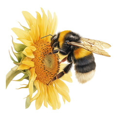 A bumblebee perched on a vibrant sunflower, extracting nectar with its legs and wings poised, showcasing intricate details of both insect and flower.