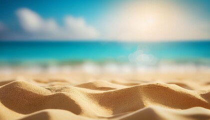 close up sand with blurred sea sky and sunlight background summer day copy space or for product