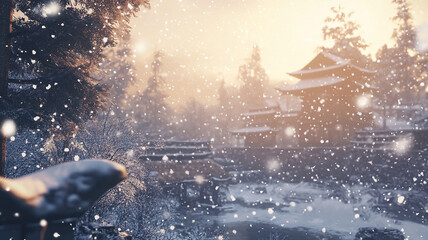 Fototapeta premium Winter landscape showing snow fall and large trees, Arctic Landscape with Snow covered trees in a winter season, winter morning snowy view with melting snow. 