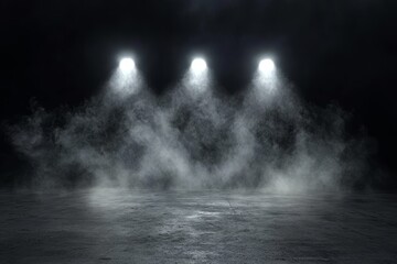 Three spotlights illuminating smoky, dark concrete floor.