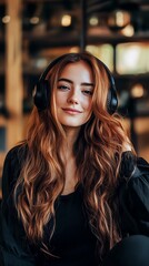Young Woman with Headphones Listening to Music