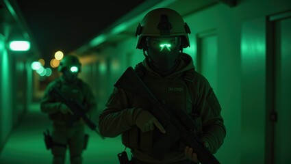 Night Operation Special Forces Soldiers in Green-Lit Corridor