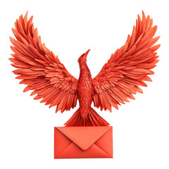 Obraz premium A vibrant, stylized red phoenix with expansive wings stands atop an envelope, symbolizing rebirth and communication.