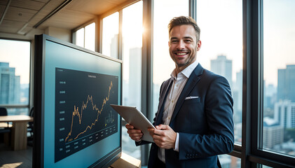 businessman working on laptop in office with digital growth graph chart showing