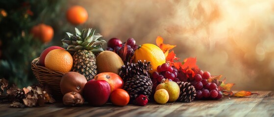 colorful assortment of fresh fruits and autumn leaves