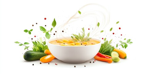A bowl of soup surrounded by fresh vegetables and herbs, conveying a healthy meal concept.