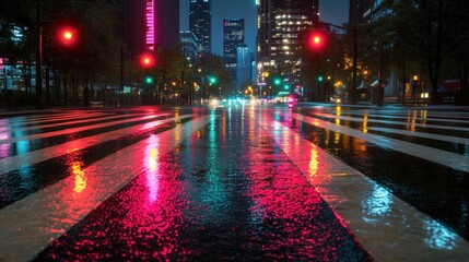 Obraz premium Regenbedeckte Straßen mit reflektierenden Farben