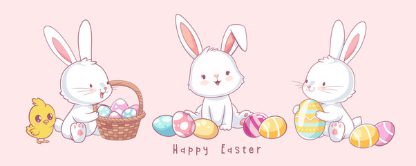 Happy Easter banner in pastel colors for kids. Cute Kawaii Bunnies, Easter eggs, chicken and basket. Doodle style illustrations.