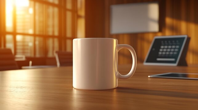 Sleek Coffee Mug in a Modern Meeting Room. Generative AI
