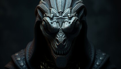 A digital rendering of a mysterious reptilian mask,  detailed and ancient looking. Dark and brooding atmosphere.