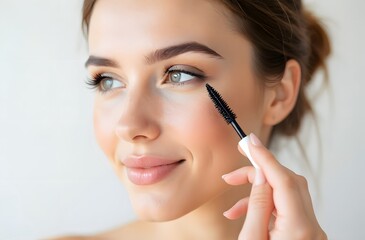 A smiling woman is applying mascara to her lashes with a mascara wand, accentuating them. She has clear blue eyes and glowing skin. Perfect for advertising a product catalog.