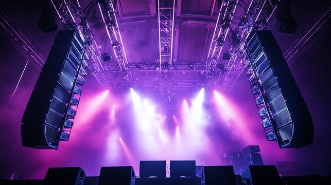Concert Stage with Purple Lighting and Line Array Speakers