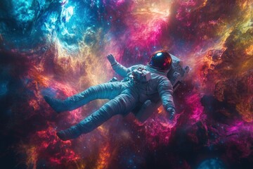 astronaut floating in colorful cosmic space