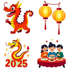 Obraz premium 2025 Chinese New Year Celebration: Dragons, Lantern, and Family Dinner