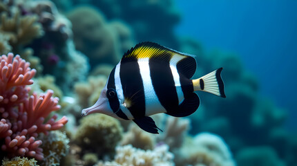 Stunning Underwater Scene Featuring a Vibrant Striped Fish Swimming Among Coral Reefs