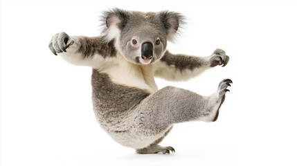 Obraz premium Sweet koala kicking high in a karate pose, isolated in white background