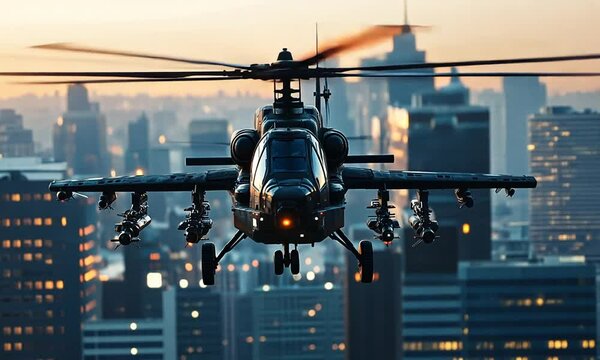 helicopter on a top of a rooftop of a building on a sunset background, maybe a private chopper or owned by a military army to rescue, transport, fight for the war