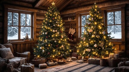 A cozy winter scene with beautifully decorated Christmas trees, surrounded by gifts and soft lighting, creating a warm festive atmosphere