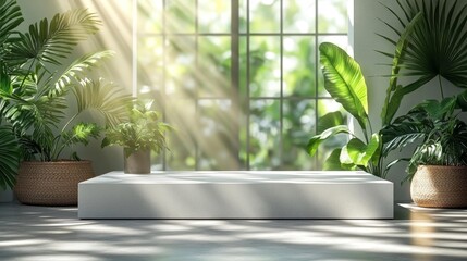 Minimalist White Cube Podium with Tropical Leaves. Generative AI