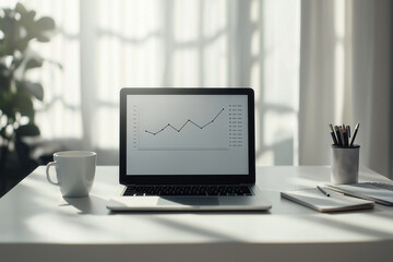 laptop with graphs or charts moving upward on office desk with cup of coffee