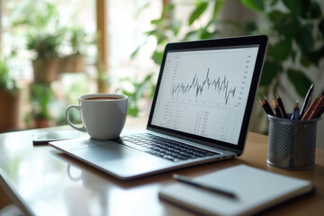 laptop with graphs or charts moving upward on office desk with cup of coffee