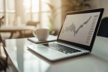 laptop with graphs or charts moving upward on office desk with cup of coffee
