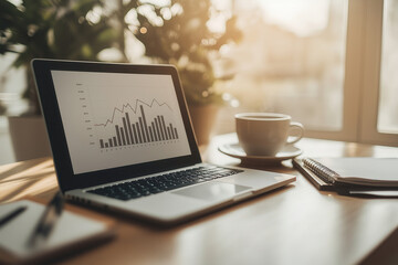 laptop with graphs or charts moving upward on office desk with cup of coffee