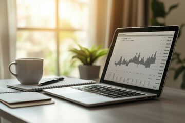 laptop with graphs or charts moving upward on office desk with cup of coffee