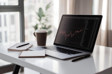 laptop with graphs or charts moving upward on office desk with cup of coffee