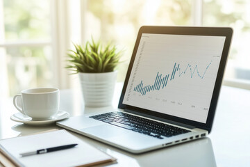 laptop with graphs or charts moving upward on office desk with cup of coffee