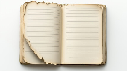 Open vintage notebook showing blank pages on white background
