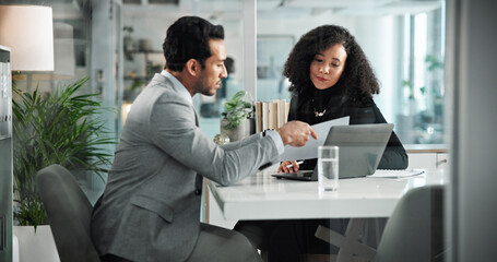 Fototapeta na wymiar Business, people and meeting with documents in office for reading report, financial update and teamwork. Man, woman and laptop with investment feedback, review budget and planning schedule of project