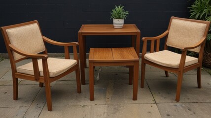 Mid-century modern teak wood chair and table set.