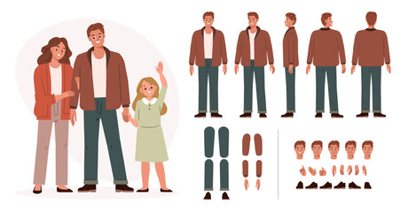 Father with mother and daughter. Family character constructor for animation. Front, side and back view set. Body parts, postures, poses collection. Vector illustration.