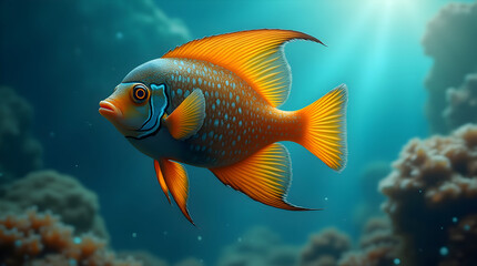 Fototapeta premium Captivating Underwater Scene Featuring a Colorful Orange and Blue Fish Swimming Gracefully Amidst Coral Reefs