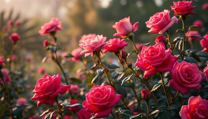 Obraz premium Garden at dawn, with roses in vibrant pinks and reds just beginning to catch the morning light, A faint mist hovers over the garden, and delicate cobwebs glisten with dew between the flowers.