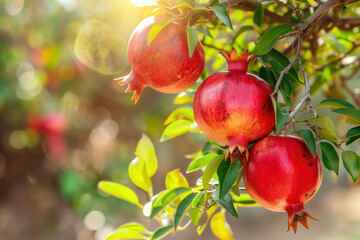 Ripe pomegranate fruits on a tree branch