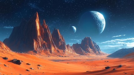 Otherworldly Landscape with Twin Moons and Rocky Terrain. Generative AI