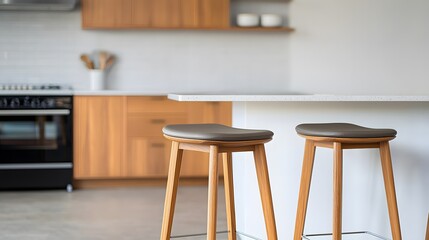 Exquisite bamboo furniture craftsmanship for interior elegance. A modern kitchen featuring wooden cabinetry, a sleek countertop, and two stylish bar stools.