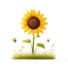 Bright Sunflower with Bees in a Lush Green Field Setting