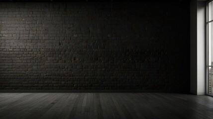 Dark brick wall, wood floor, empty room.