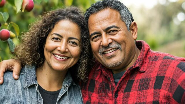 Smiling couple poses together in an orchard during autumn harvest season