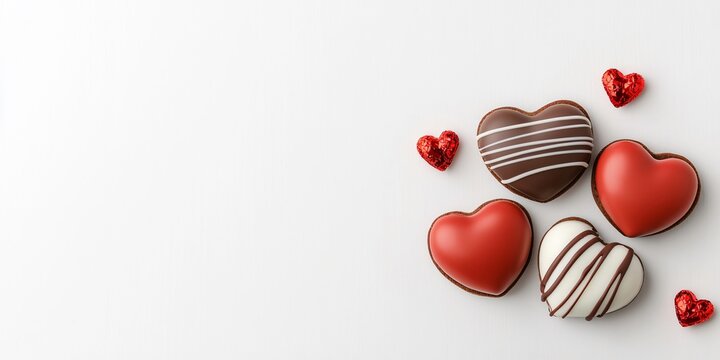 A delightful arrangement of heart-shaped chocolates, ideal for expressing love and affection, complemented by shiny red candy hearts.