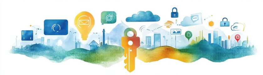 Abstract digital landscape with icons representing technology and connectivity.