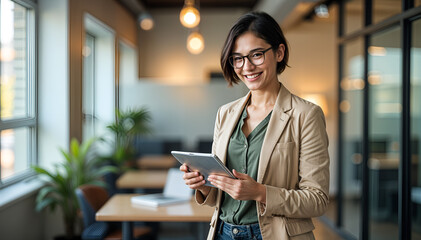 Confident Young Hispanic Businesswoman Standing in Office. Smiling Executive and Entrepreneur Using Tablet.