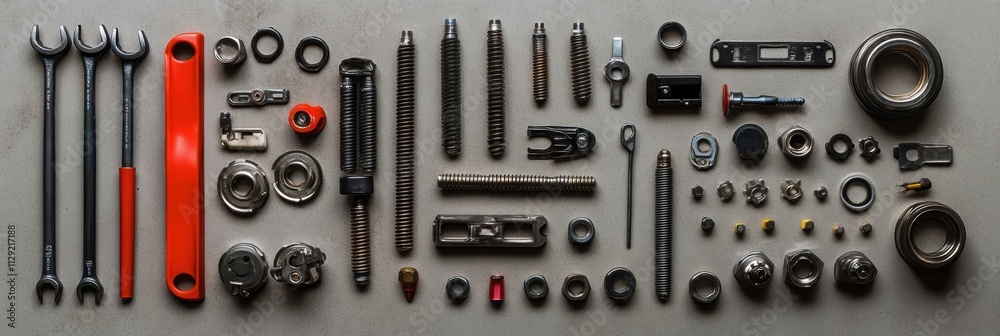 Poster a variety of car parts and tools are neatly arranged, including bolts, nuts, spark plugs, and variou