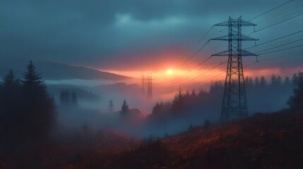A beautiful landscape with a large power line tower in the background