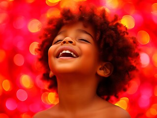Fototapeta premium Happy Child Smiles Against Red Bokeh Background