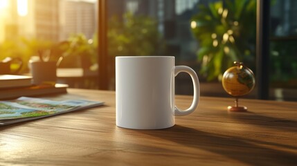 Mockup Mug on Office Desk with Travel Theme. Generative AI